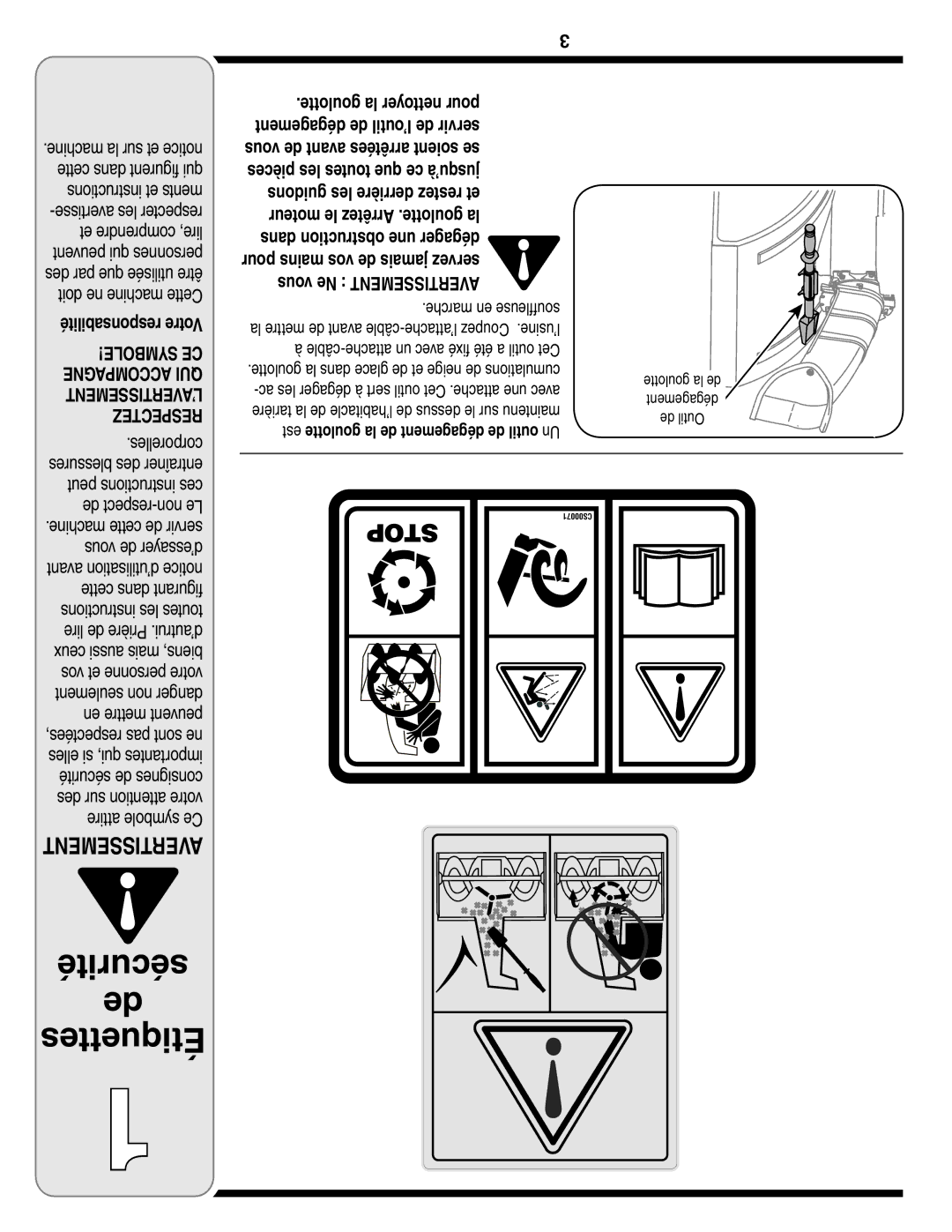 Troy-Bilt 769-03800 warranty Sécurité de Étiquettes, Est goulotte la de dégagement de outil Un 