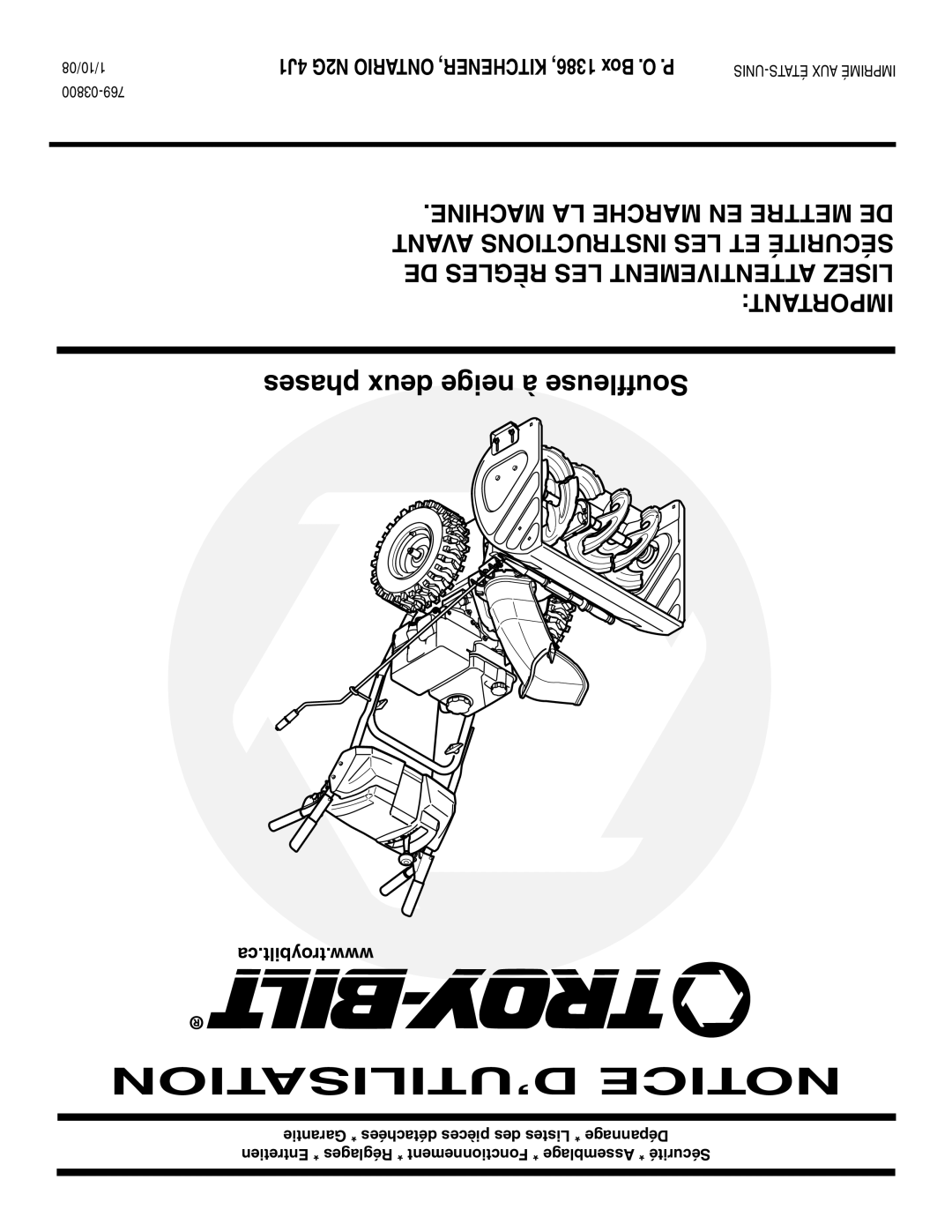 Troy-Bilt 769-03800 warranty Phases deux neige à Souffleuse, Ca.troybilt.www 