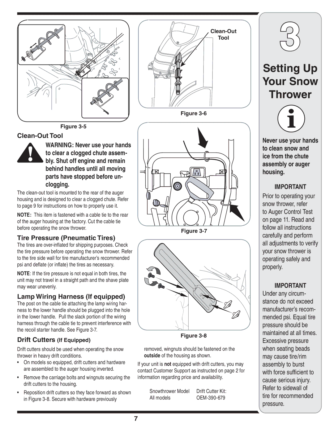 Troy-Bilt 769-03800 warranty Clean-Out Tool, Ice from the chute, Housing, Clogging, Tire Pressure Pneumatic Tires 