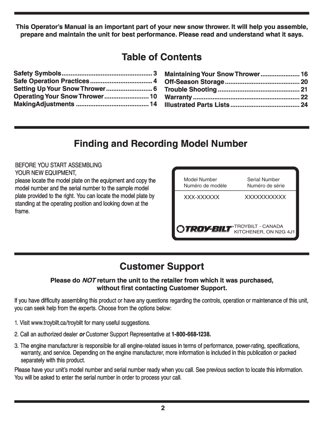 Troy-Bilt 769-04090 warranty Table of Contents, Finding and Recording Model Number, Customer Support 