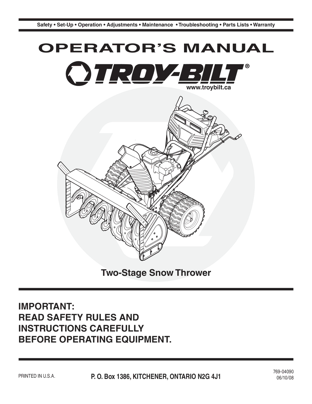 Troy-Bilt warranty Two-Stage Snow Thrower, 769-04090 06/10/08 