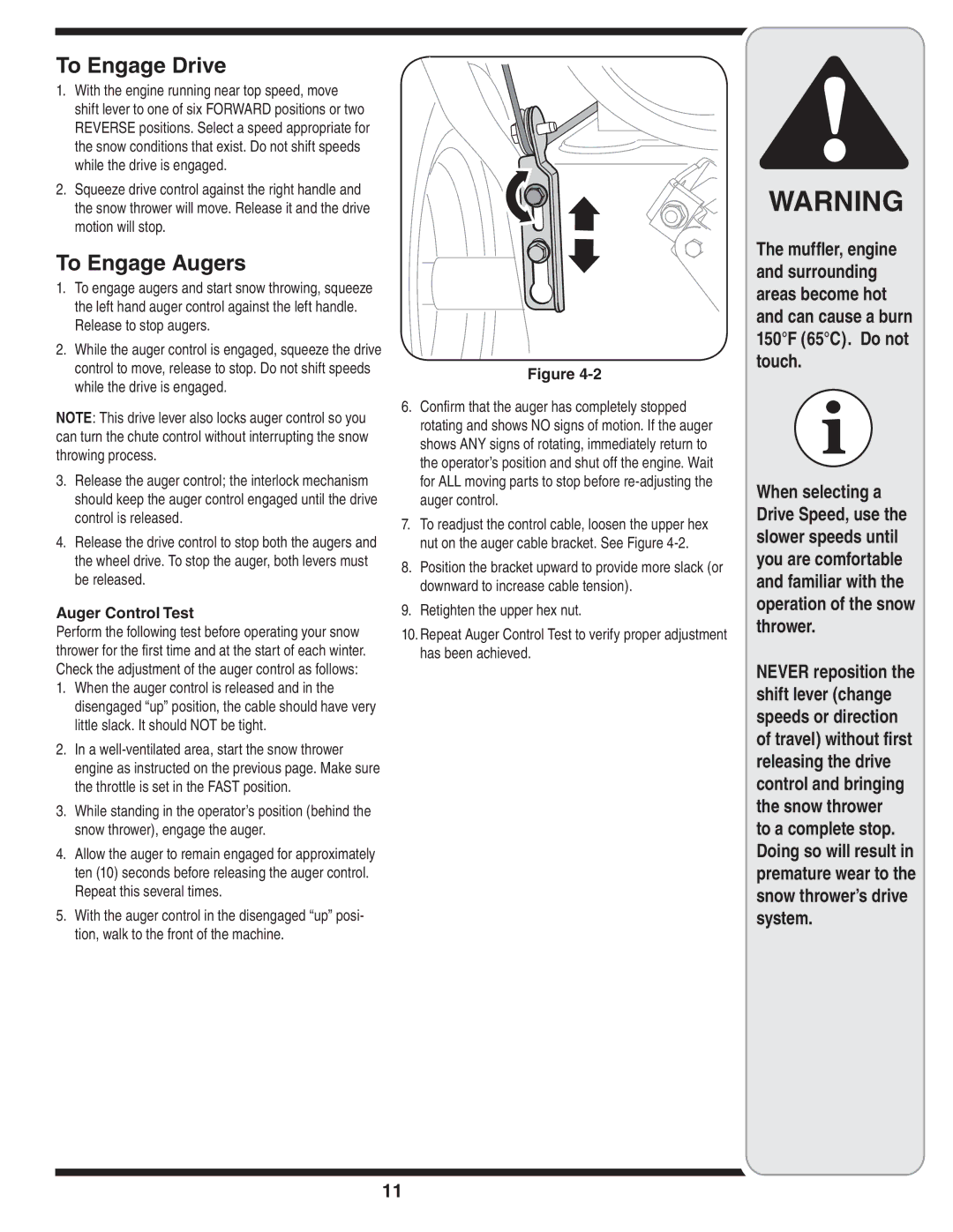 Troy-Bilt 769-04207 warranty To Engage Drive, To Engage Augers, Auger Control Test 