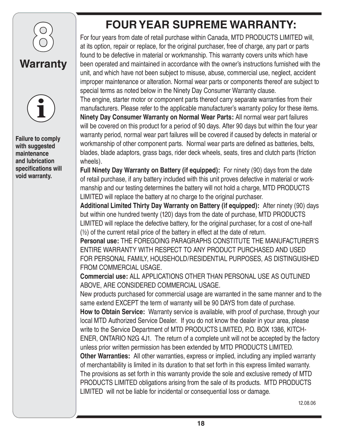 Troy-Bilt 769-04207 warranty Warranty, 12.08.06 