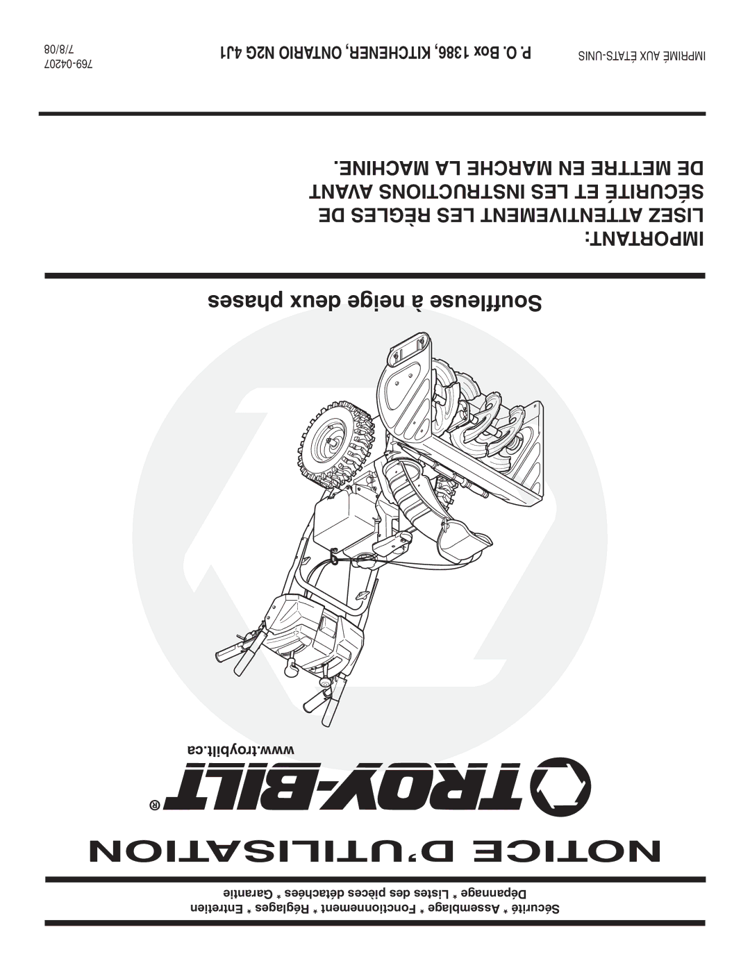 Troy-Bilt 769-04207 warranty Phases deux neige à Souffleuse, Ca.troybilt.www 