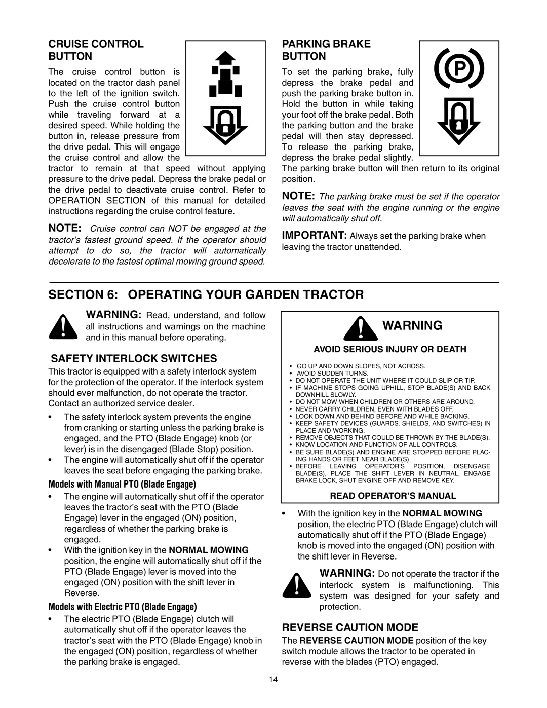 Troy-Bilt 772C0748 Operating Your Garden Tractor, Cruise Control Button, Parking Brake Button, Safety Interlock Switches 