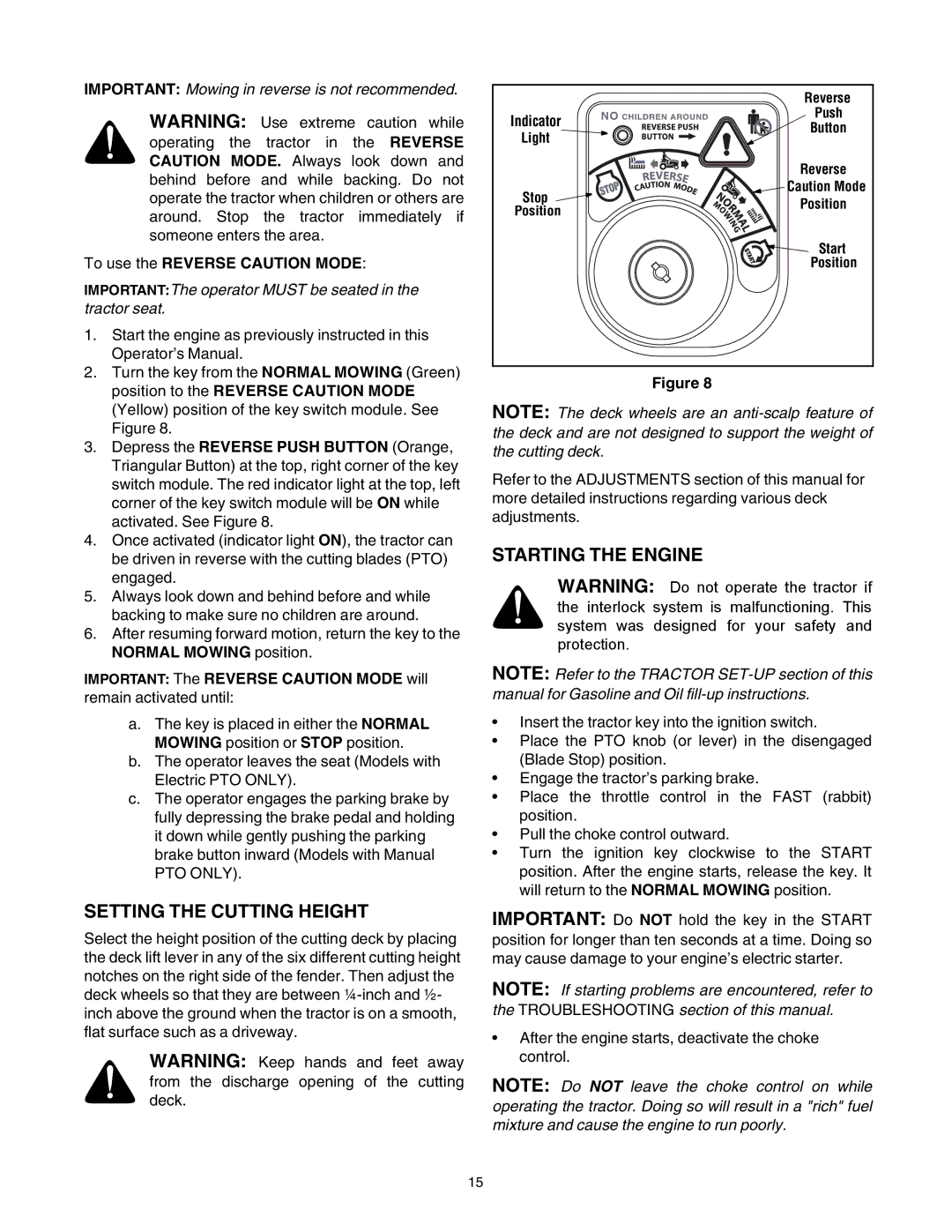 Troy-Bilt 772C0748 manual Setting the Cutting Height, Starting the Engine, To use the Reverse Caution Mode 