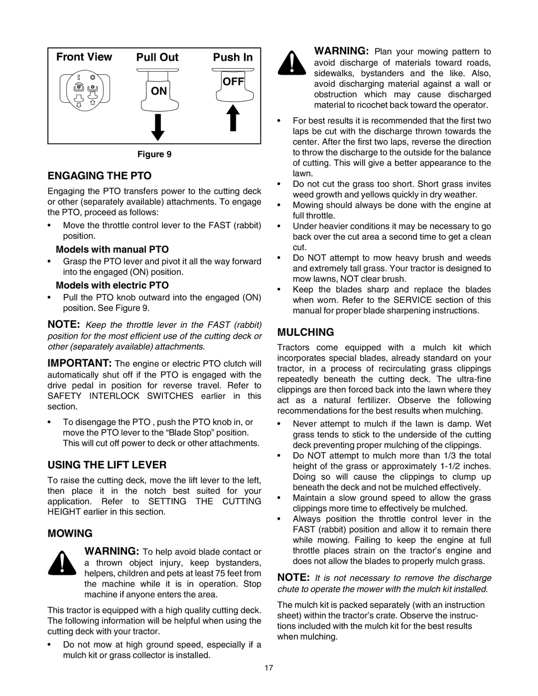 Troy-Bilt 772C0748 manual OFF Engaging the PTO, Using the Lift Lever, Mowing, Mulching 