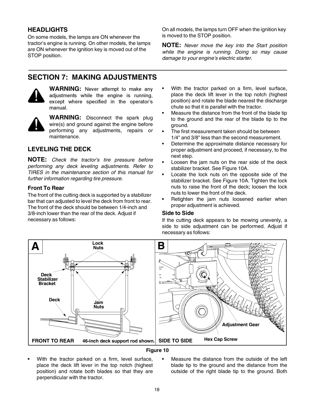 Troy-Bilt 772C0748 manual Making Adjustments, Headlights, Leveling the Deck 