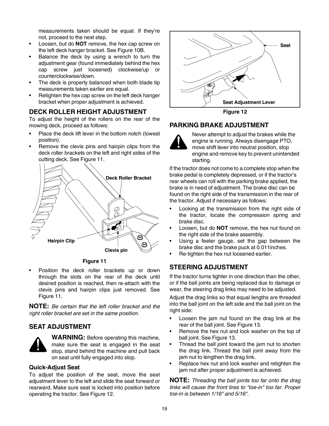 Troy-Bilt 772C0748 manual Deck Roller Height Adjustment, Seat Adjustment, Parking Brake Adjustment, Steering Adjustment 