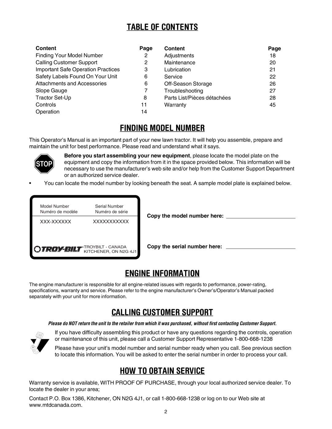 Troy-Bilt 772C0748 manual Table of Contents 