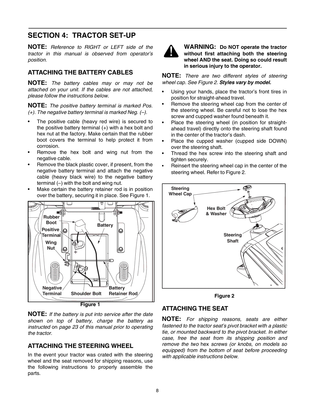 Troy-Bilt 772C0748 manual Tractor SET-UP, Attaching the Battery Cables, Attaching the Steering Wheel, Attaching the Seat 