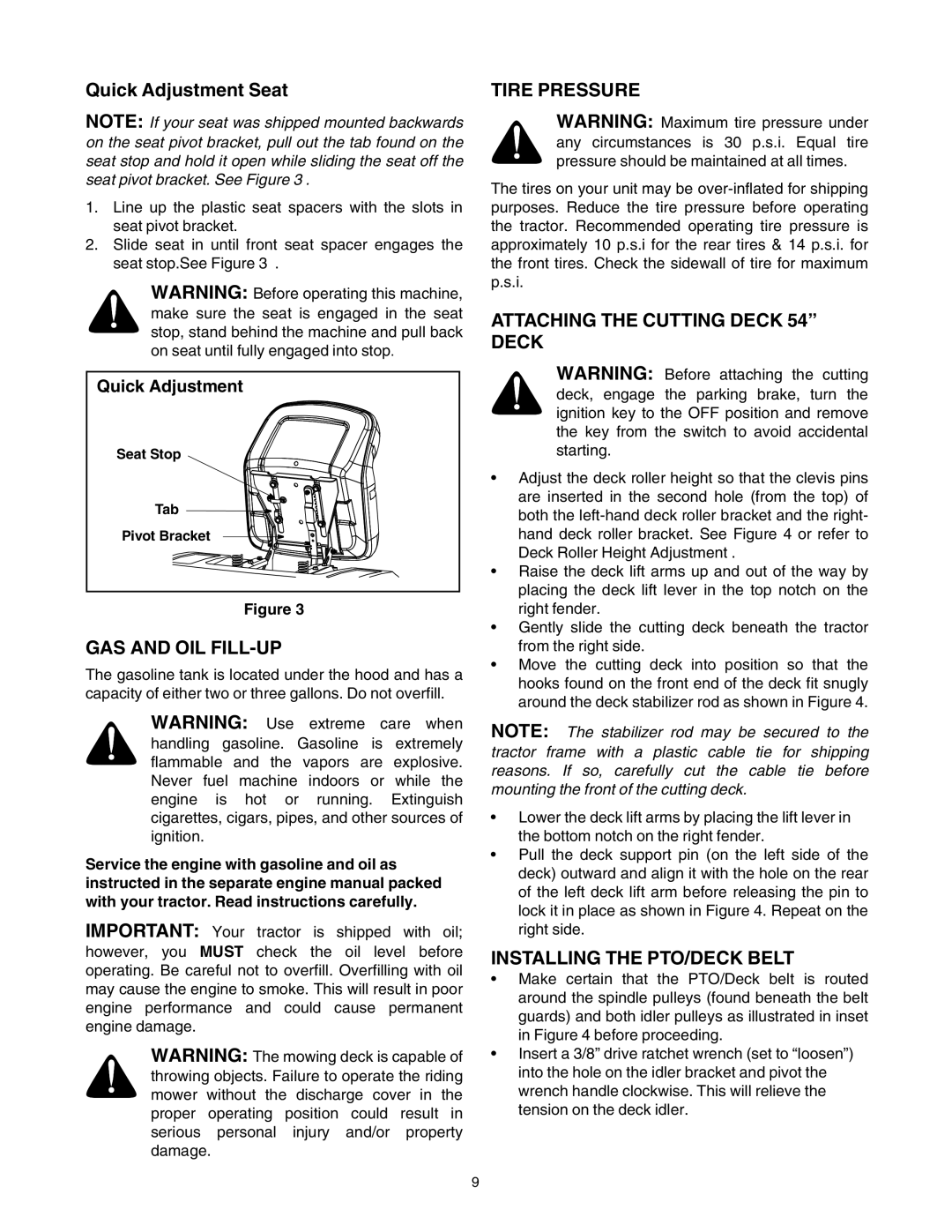Troy-Bilt 772C0748 manual Attaching the Cutting Deck 54 Deck, GAS and OIL FILL-UP, Installing the PTO/DECK Belt 