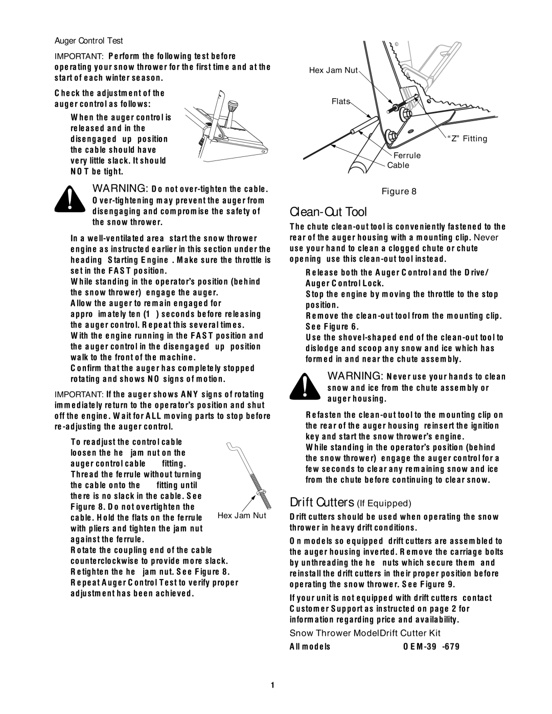 Troy-Bilt 772C0767 manual Drift Cutters If Equipped, Auger Control Test 