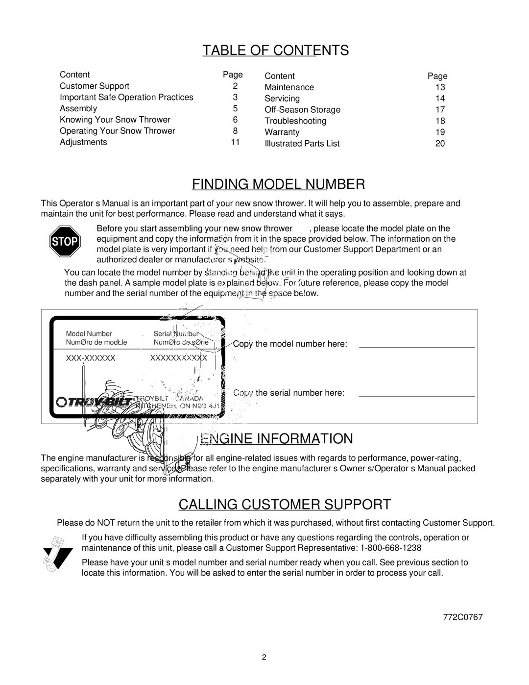 Troy-Bilt 772C0767 manual Table of Contents 