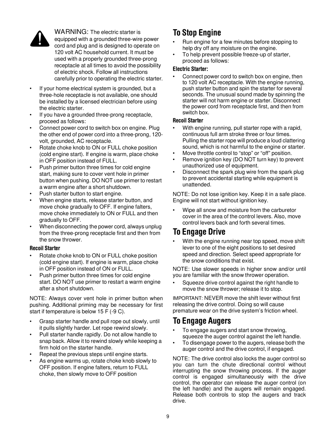 Troy-Bilt 772C0767 manual To Stop Engine, To Engage Drive, To Engage Augers, Recoil Starter, Electric Starter 