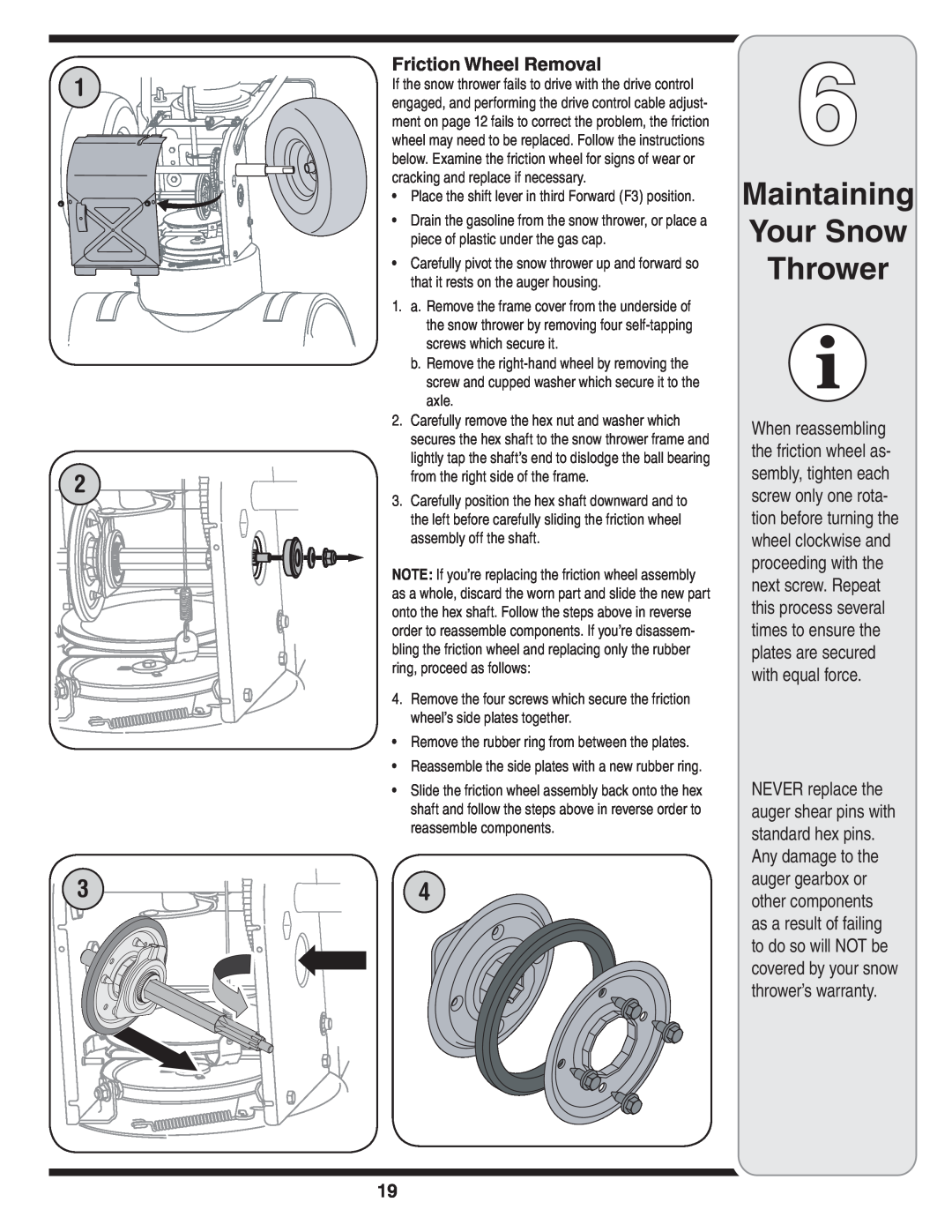 Troy-Bilt 772C0772 Maintaining Your Snow Thrower, Friction Wheel Removal, Carefully remove the hex nut and washer which 