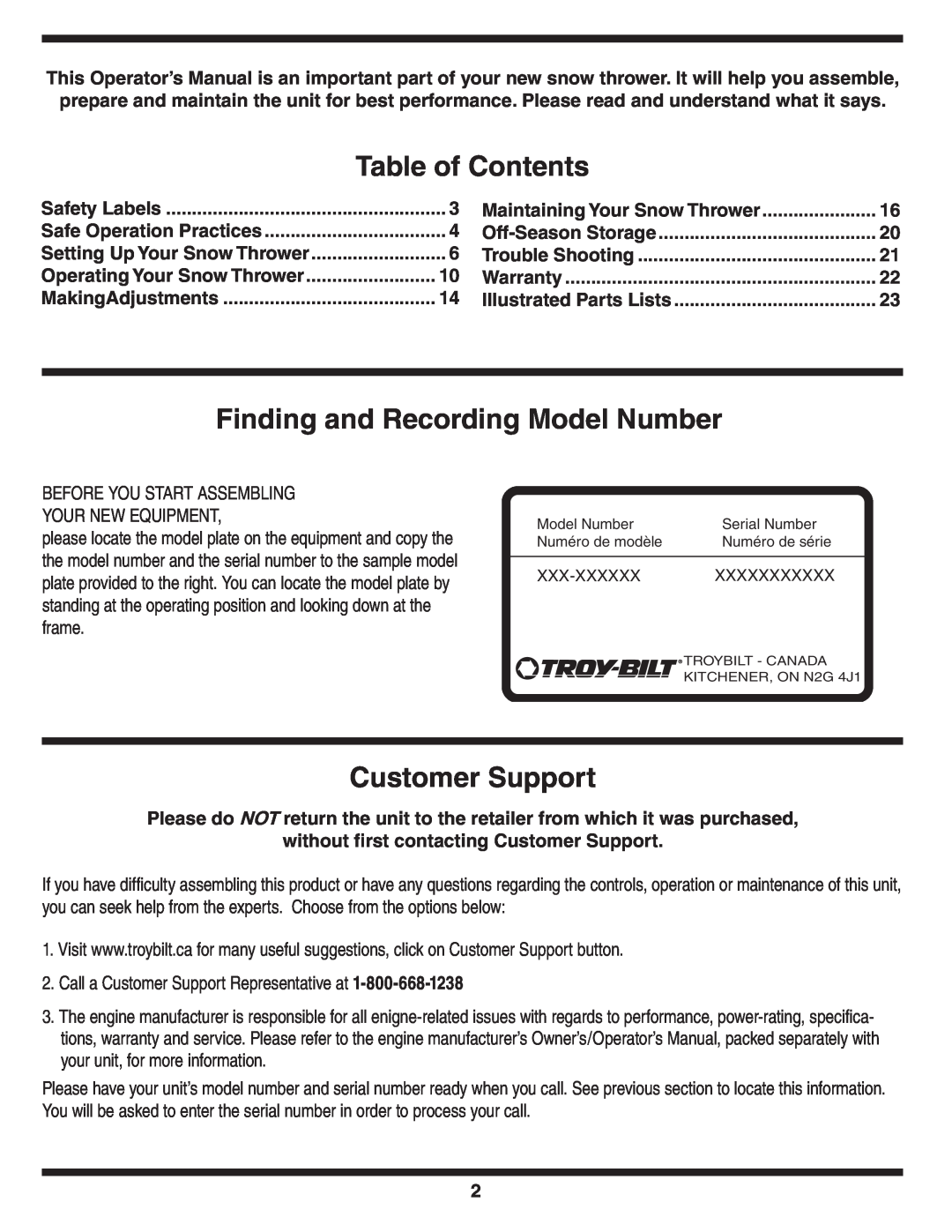 Troy-Bilt 772C0772 warranty Table of Contents, Finding and Recording Model Number, Customer Support 