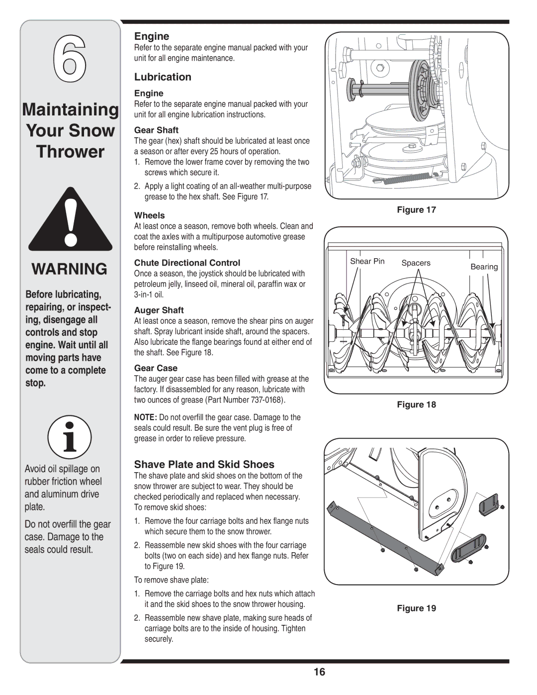 Troy-Bilt 772C0772 warranty Maintaining Your Snow Thrower, Engine, Lubrication, Shave Plate and Skid Shoes 