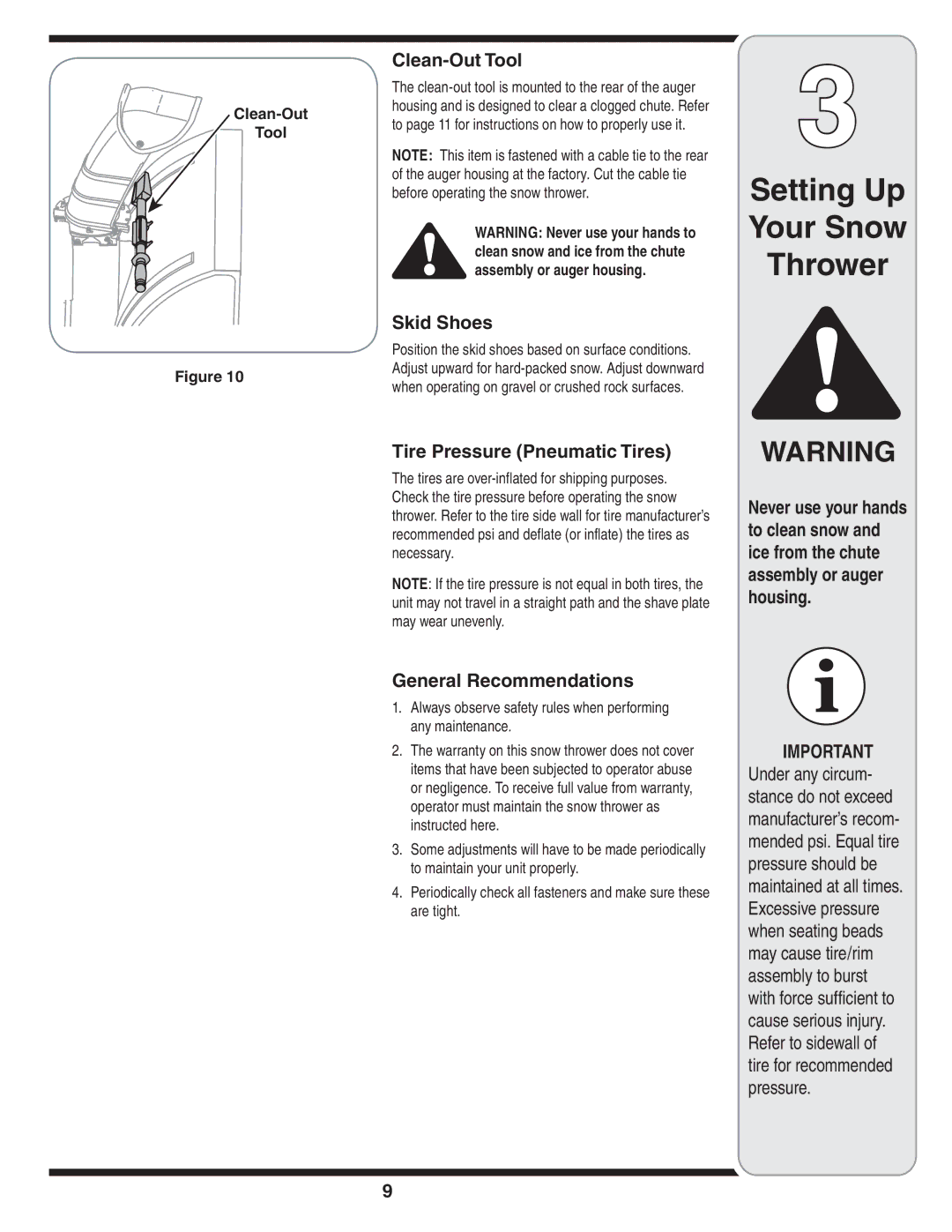 Troy-Bilt 772C0772 warranty Clean-Out Tool, Skid Shoes, Tire Pressure Pneumatic Tires, General Recommendations 