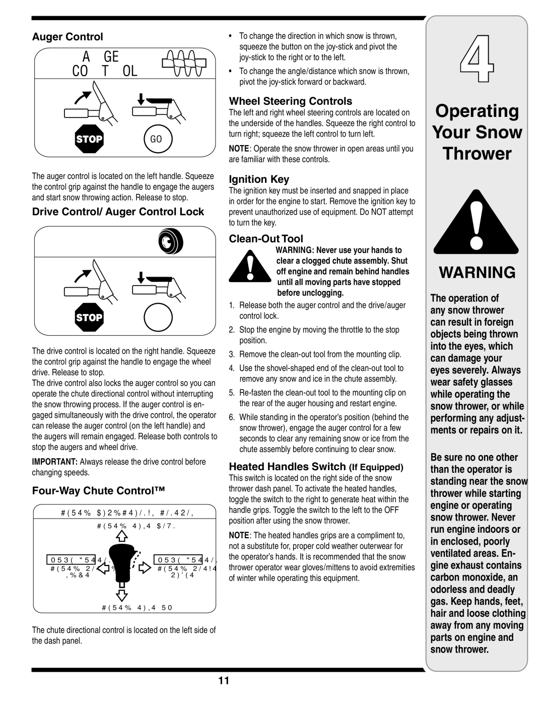 Troy-Bilt 772C0781 Drive Control/ Auger Control Lock, Four-Way Chute Control, Wheel Steering Controls, Ignition Key 