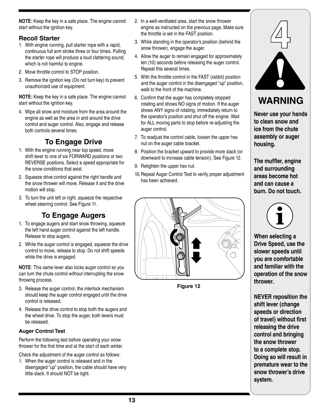 Troy-Bilt 772C0781 warranty Recoil Starter, Auger Control Test 