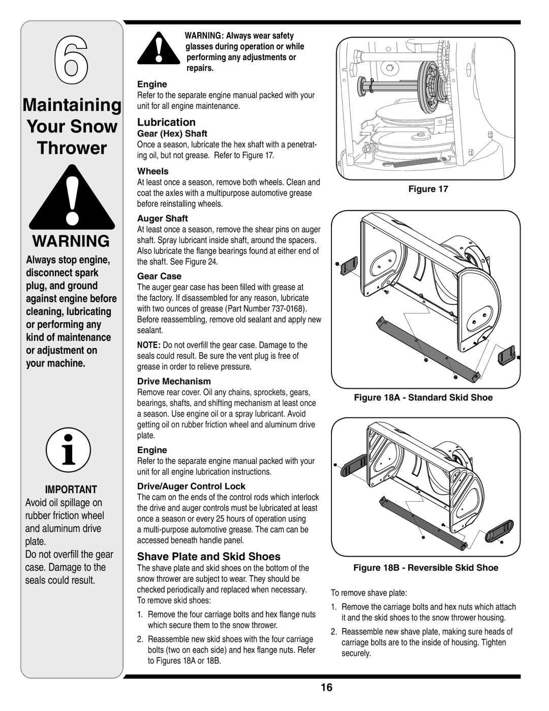 Troy-Bilt 772C0781 warranty Maintaining Your Snow Thrower, Lubrication, Shave Plate and Skid Shoes 