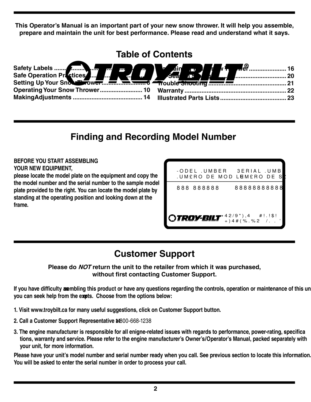 Troy-Bilt 772C0781 warranty Table of Contents 