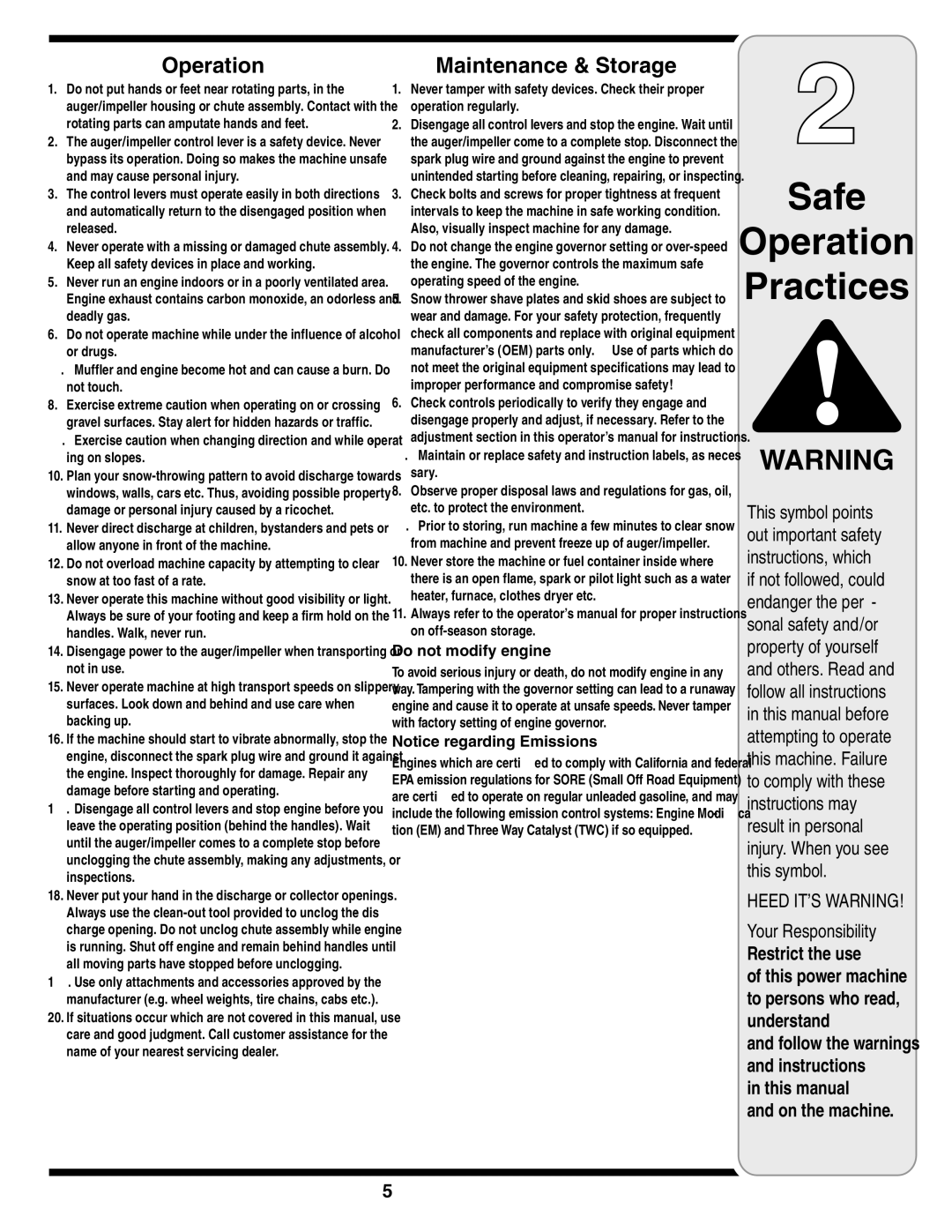 Troy-Bilt 772C0781 warranty Operation, Do not modify engine 