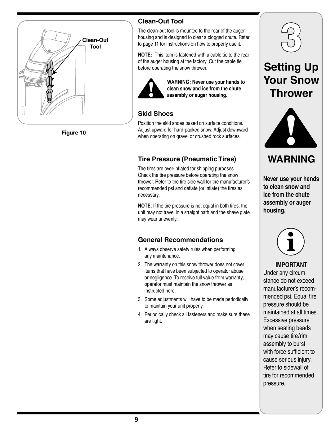 Troy-Bilt 772C0781 warranty Clean-Out Tool, Skid Shoes, Tire Pressure Pneumatic Tires, General Recommendations 