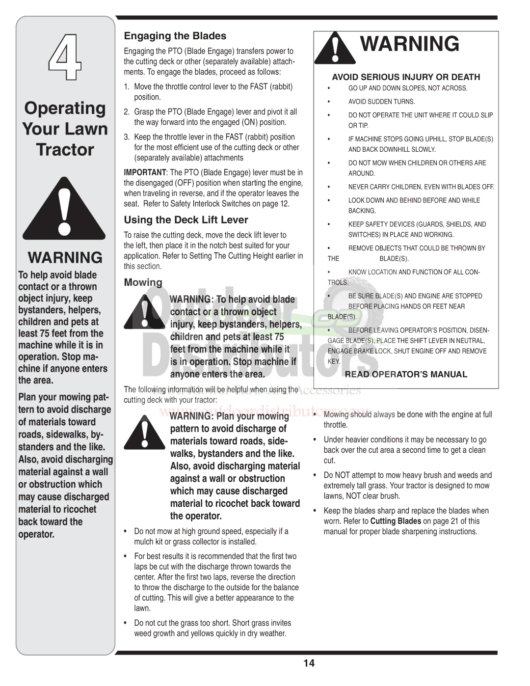 Troy-Bilt 77T warranty Engaging the Blades, Using the Deck Lift Lever, Mowing 