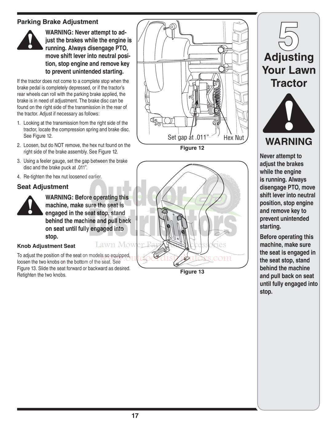 Troy-Bilt 77T warranty Parking Brake Adjustment, Seat Adjustment 