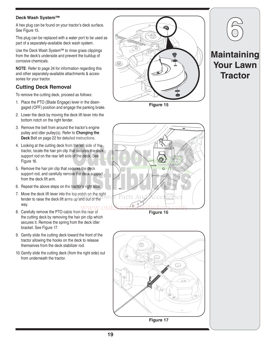 Troy-Bilt 77T warranty Cutting Deck Removal, Deck Wash System, To remove the cutting deck, proceed as follows 