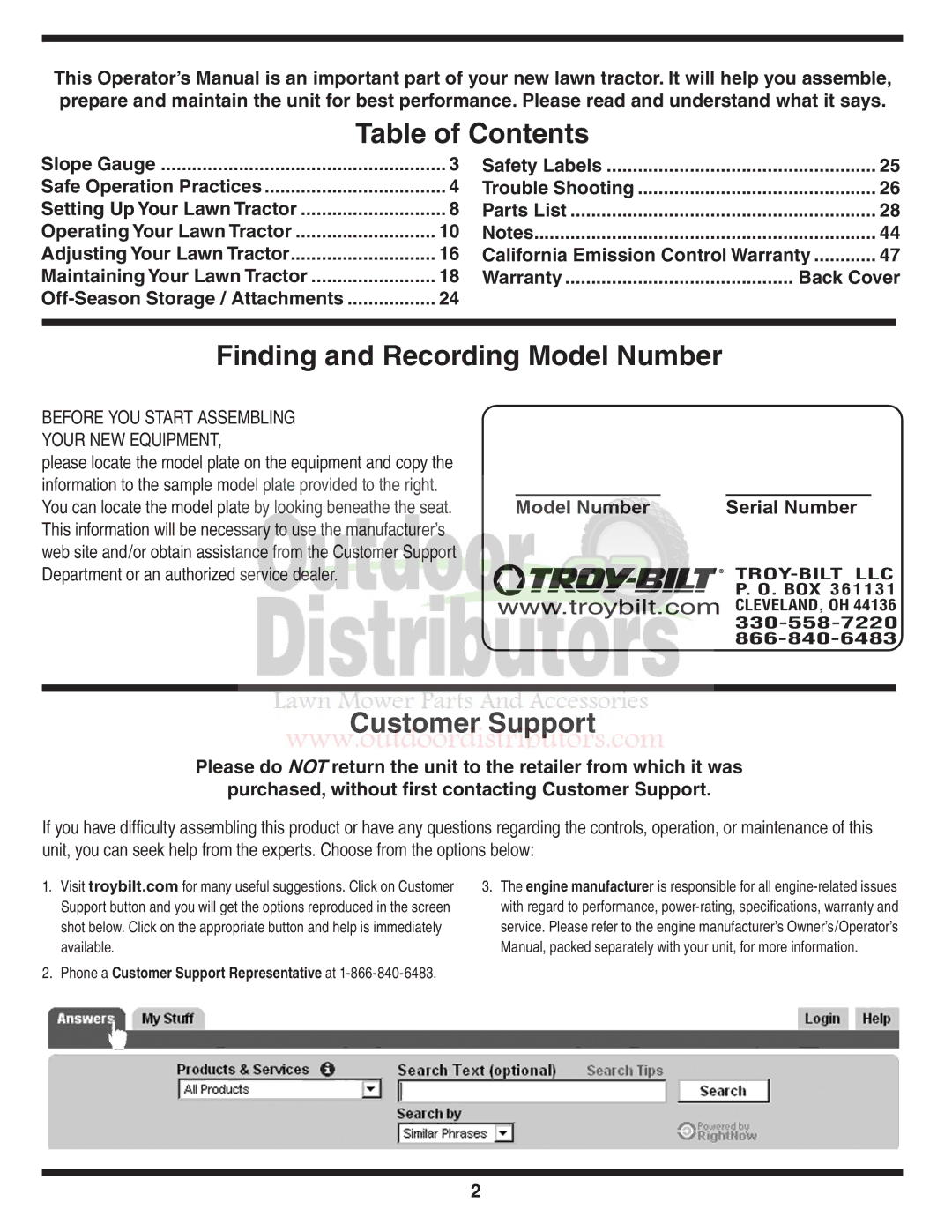 Troy-Bilt 77T warranty Table of Contents 