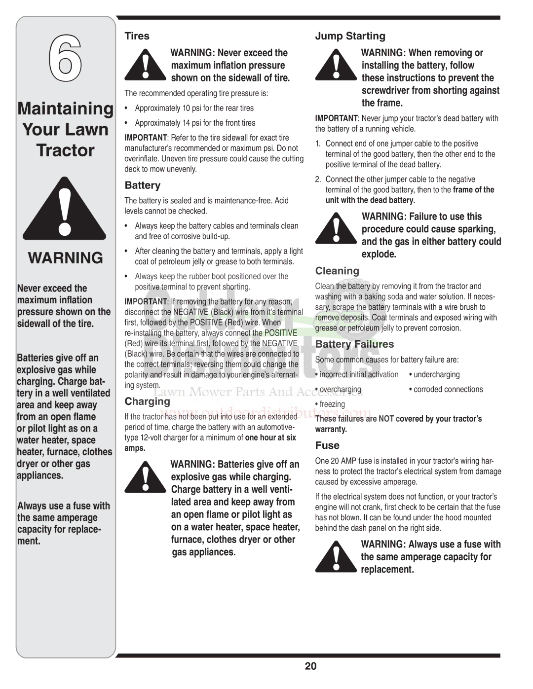 Troy-Bilt 77T warranty Charging, Jump Starting, Cleaning, Battery Failures, Fuse 