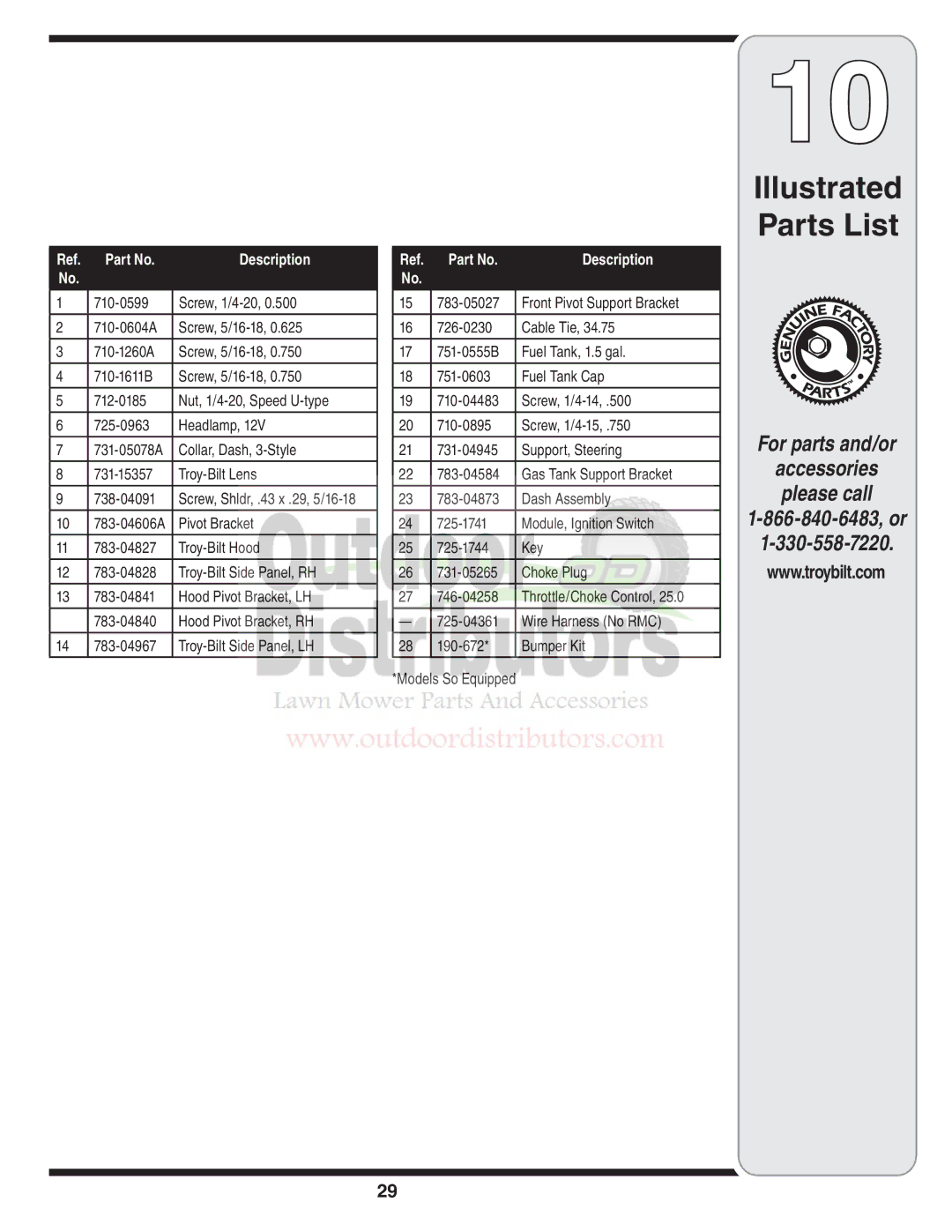 Troy-Bilt 77T warranty Illustrated Parts List 