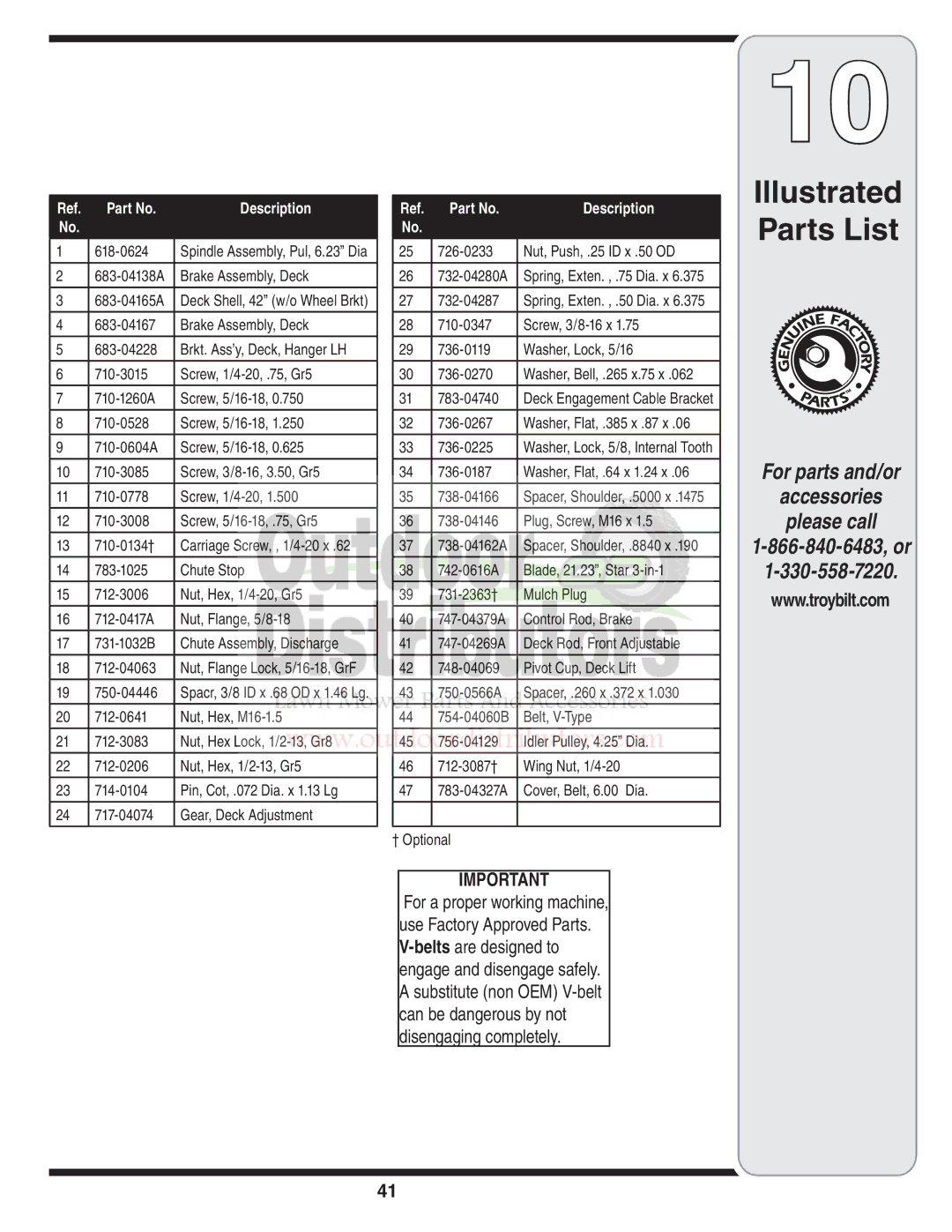 Troy-Bilt 77T warranty Illustrated Parts List 