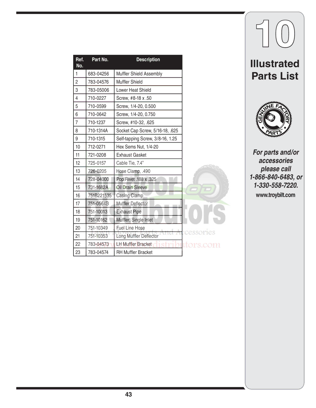 Troy-Bilt 77T warranty Illustrated Parts List 