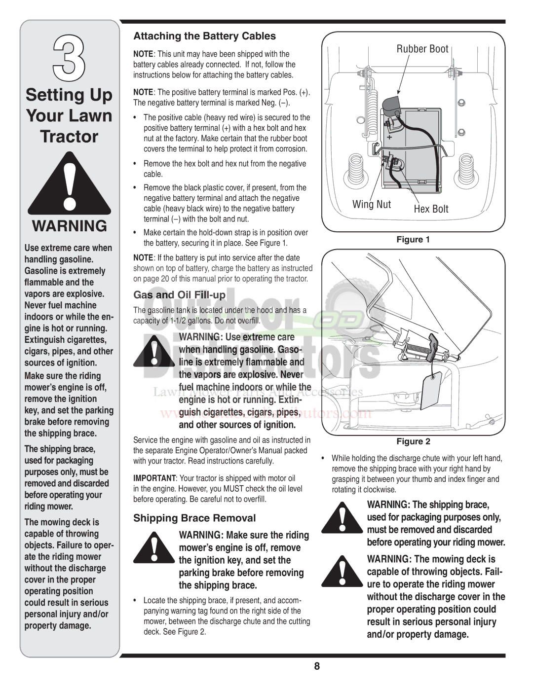 Troy-Bilt 77T warranty Attaching the Battery Cables, Gas and Oil Fill-up, Shipping Brace Removal, Ignition key, and set 