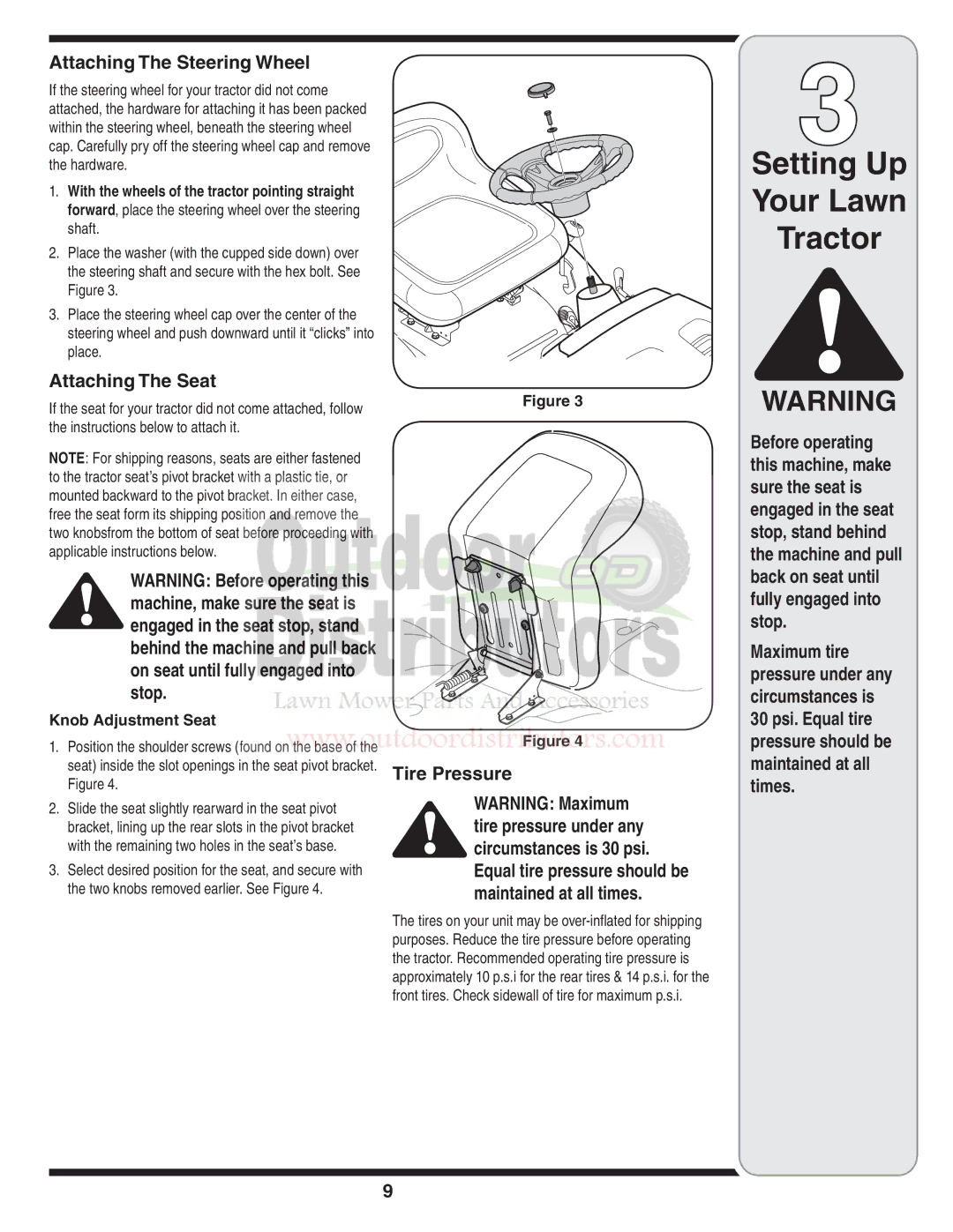 Troy-Bilt 77T warranty Attaching The Steering Wheel, Attaching The Seat, Tire Pressure, Knob Adjustment Seat 