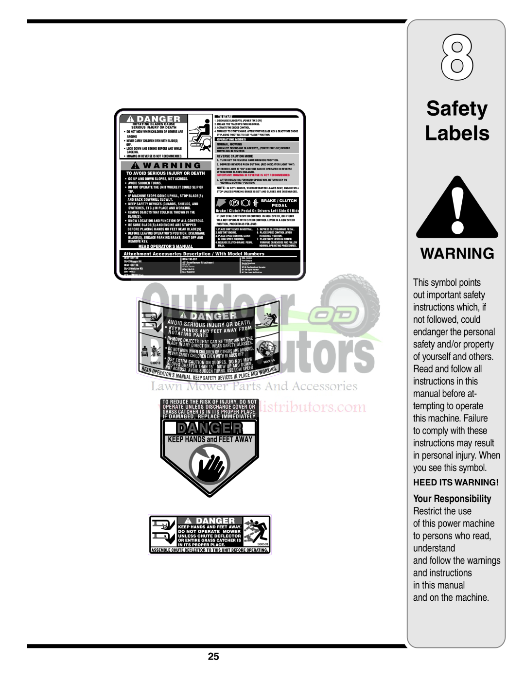 Troy-Bilt 77T warranty Safety Labels, in this manual and on the machine 
