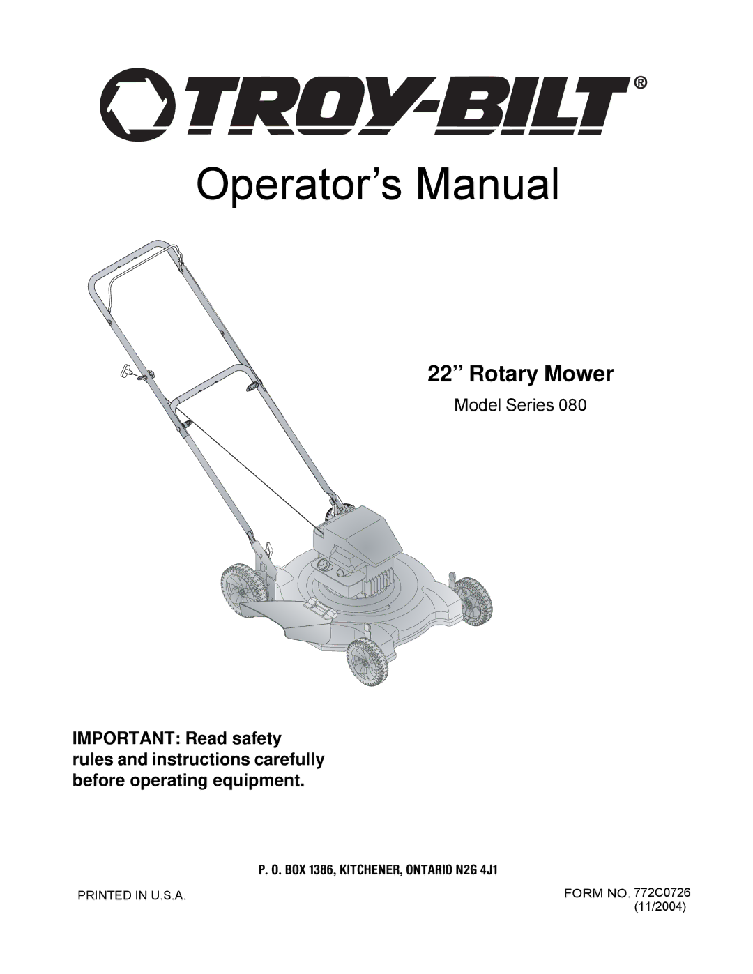 Troy-Bilt 80 manual Operator’s Manual 