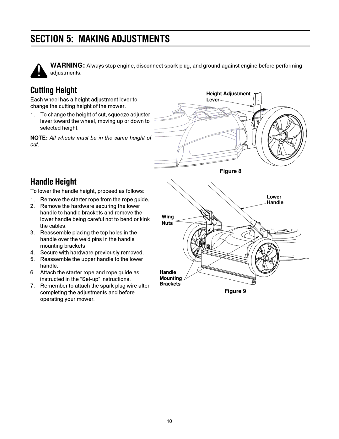 Troy-Bilt 80 manual Making Adjustments, Cutting Height, Handle Height 