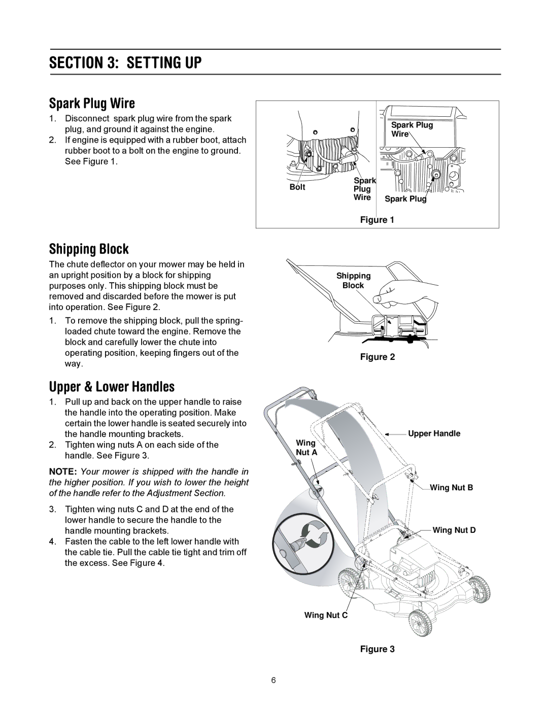 Troy-Bilt 80 manual Setting UP, Spark Plug Wire, Shipping Block, Upper & Lower Handles 