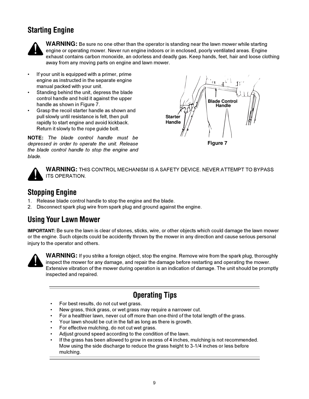 Troy-Bilt 80 manual Starting Engine, Stopping Engine, Using Your Lawn Mower, Operating Tips 