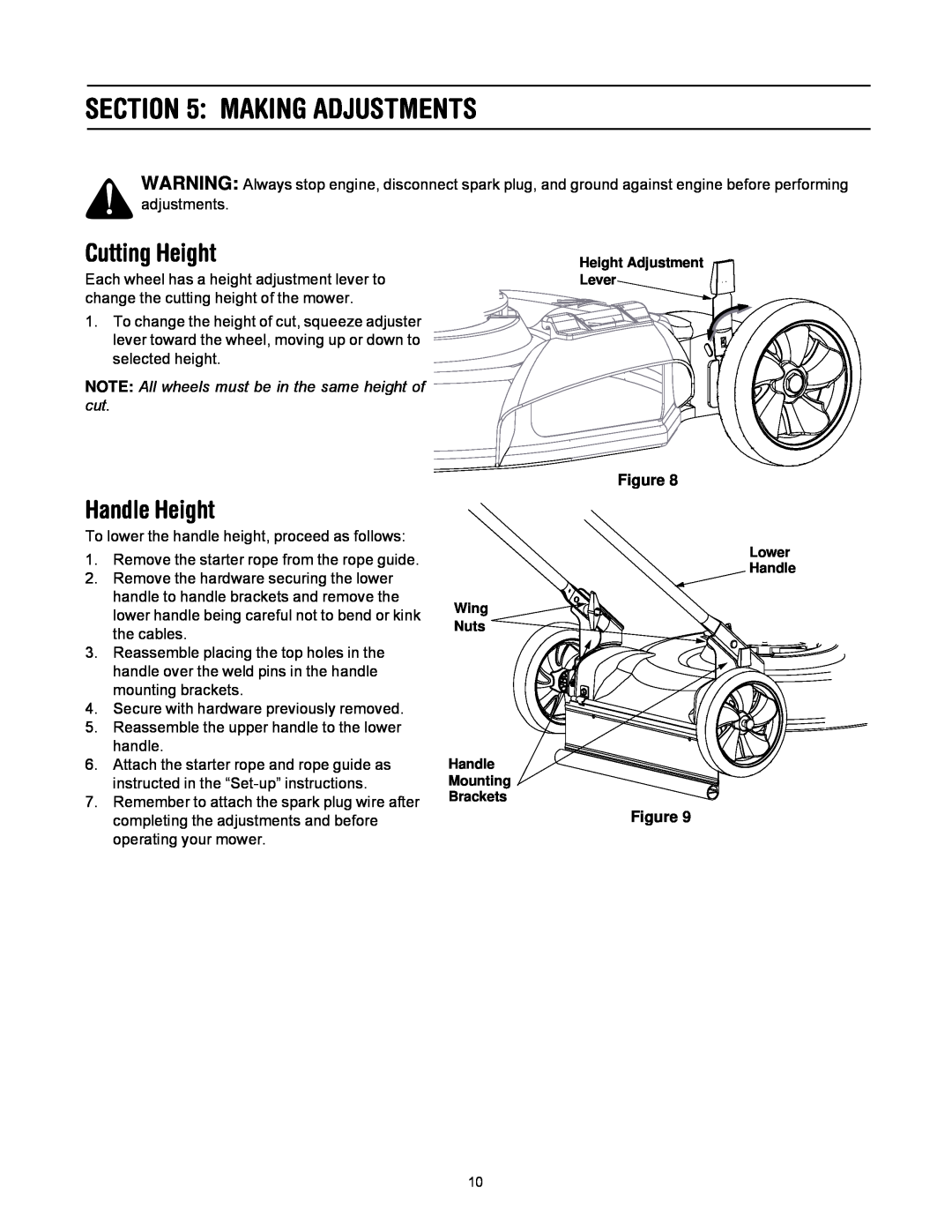 Troy-Bilt 80 manual Making Adjustments, Cutting Height, Handle Height, NOTE All wheels must be in the same height of cut 