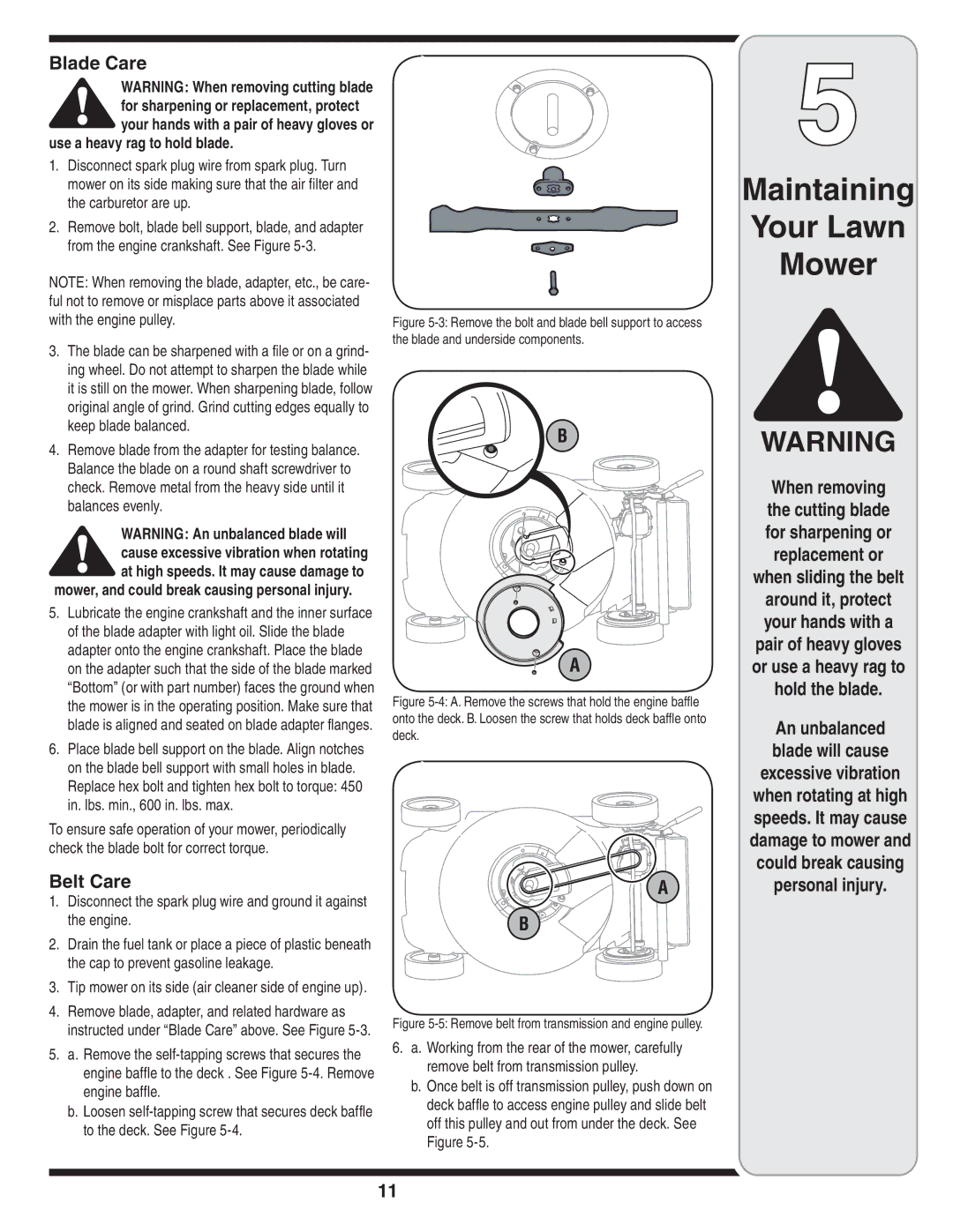 Troy-Bilt 830 warranty Blade Care, Belt Care, Use a heavy rag to hold blade 