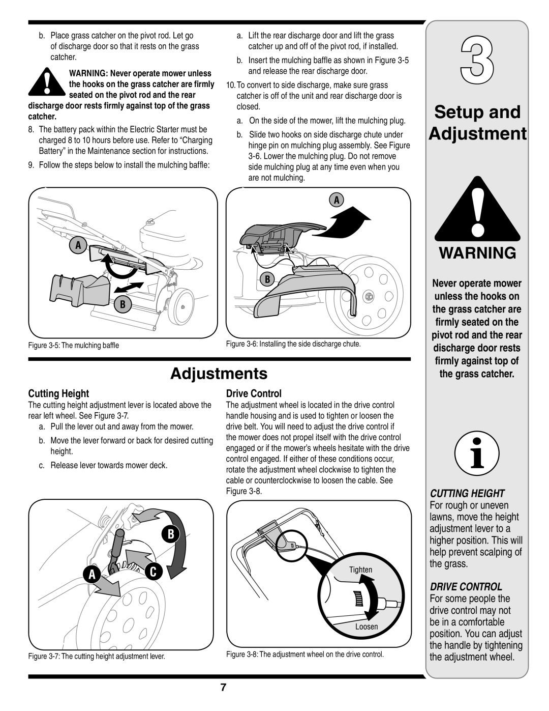 Troy-Bilt 830 warranty Adjustments, Cutting Height Drive Control, Grass catcher 