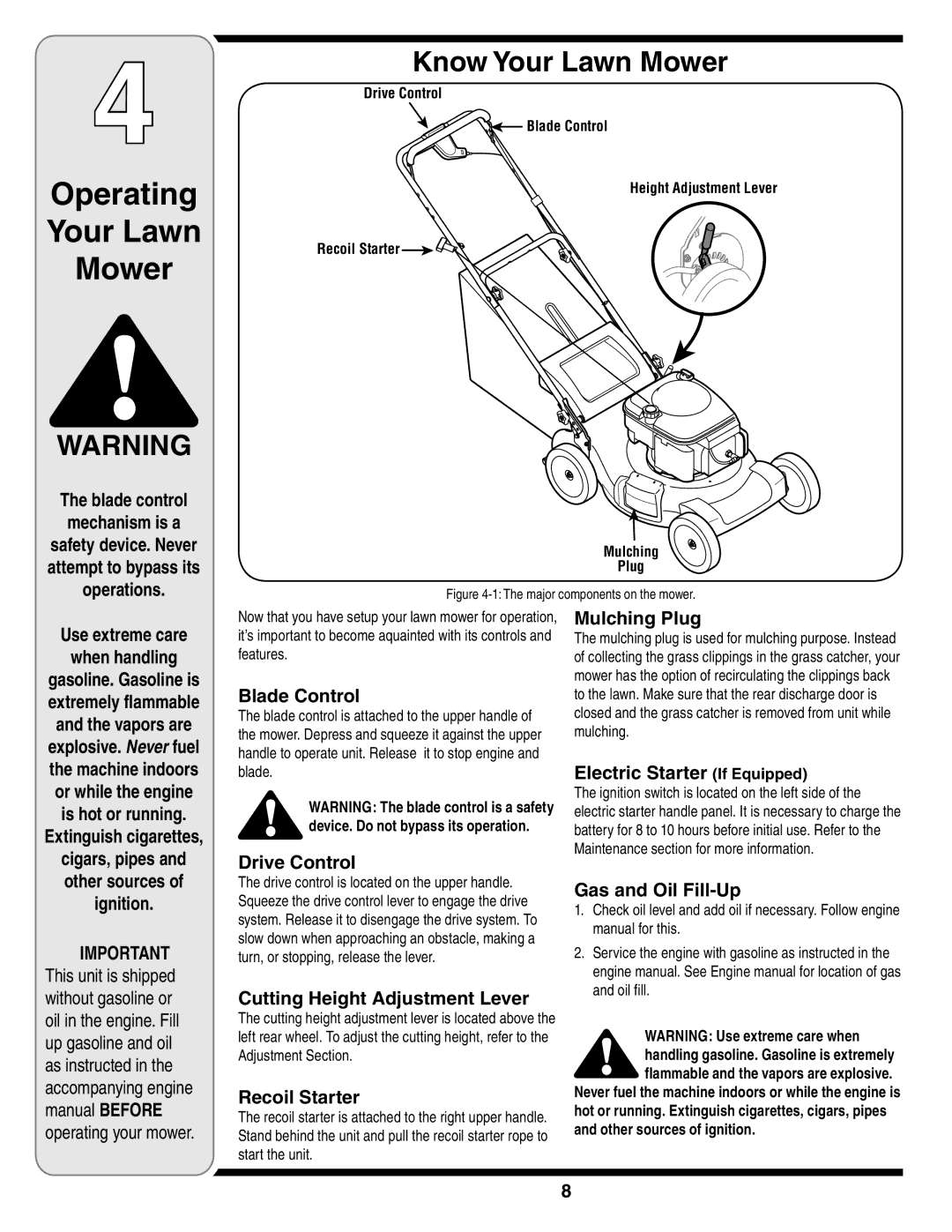 Troy-Bilt 830 warranty Operating Your Lawn Mower, Know Your Lawn Mower 