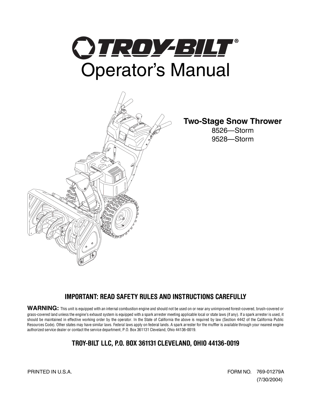 Troy-Bilt 7524, 9528 manual Operator’s Manual 