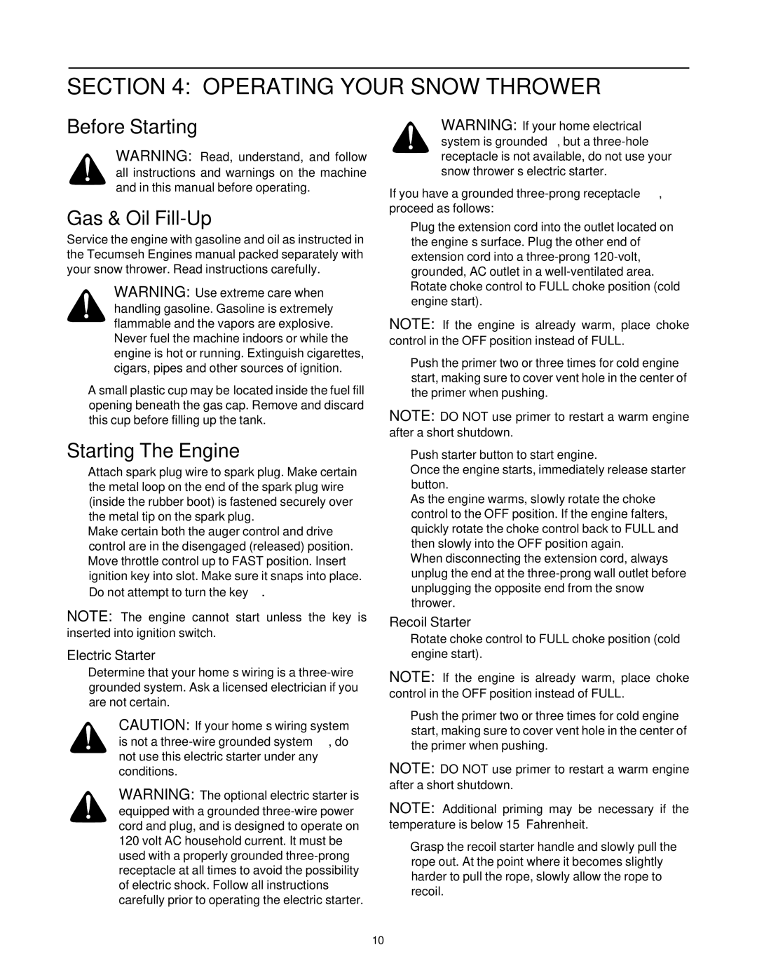 Troy-Bilt 9528, 7524 Operating Your Snow Thrower, Before Starting Gas & Oil Fill-Up, Starting The Engine, Electric Starter 